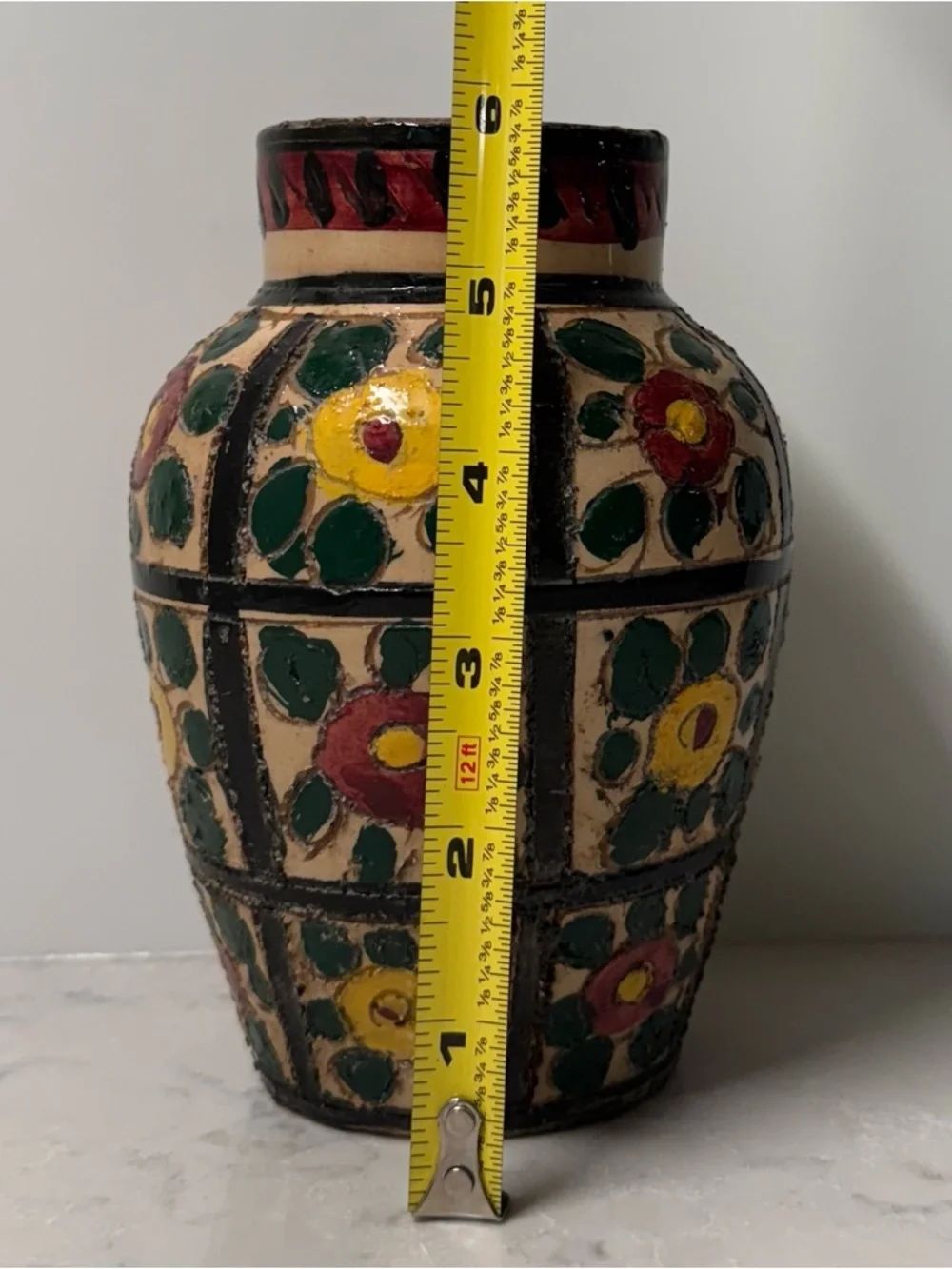Hand-Painted Italian Floral Ceramic Vase in Yellow, Green & Red